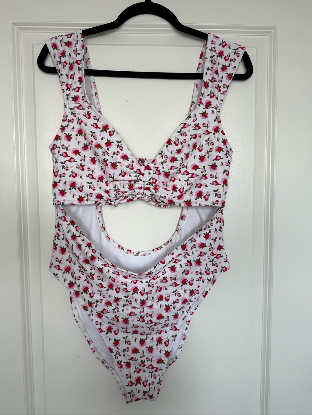 Floral Cutout One-Piece Swimsuit - White with Pink Roses
